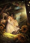  2girls absurdres blonde_hair blush brown_eyes character_request closed_mouth copyright_request dress flower gaida highres multiple_girls outdoors parted_lips scenery sunflower sunset white_dress 