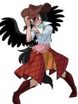  1girl absurdres bandana bangs bird_wings black_hair black_wings boots brown_footwear brown_headwear brown_skirt closed_mouth eddybird55555 full_body hand_on_headwear highres horse_tail kurokoma_saki looking_at_viewer multicolored_clothes plaid plaid_skirt red_eyes short_hair simple_background skirt smile solo tail touhou vanripper_(style) white_background white_bandana wings 