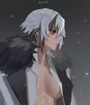  1girl arlecchino_(genshin_impact) artist_name black_coat breasts breasts_apart coat collared_shirt film_grain from_side fur_collar genshin_impact grey_eyes grey_hair grey_theme hair_between_eyes hair_over_one_eye highres lapels looking_to_the_side multicolored_hair night night_sky open_clothes open_coat open_shirt outdoors parted_lips profile shirt short_hair sidelocks sketch sky small_breasts solo star_(sky) streaked_hair symbol-shaped_pupils teeth white_coat white_hair white_shirt x-shaped_pupils yolanda 