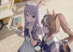  2girls animal_ears bag bangs blue_eyes brown_hair closed_mouth cup dango_(uni_520) disposable_cup food food_on_face food_truck hand_up highres holding holding_cup holding_food horse_ears long_hair looking_at_viewer mejiro_mcqueen_(umamusume) multicolored_hair multiple_girls open_mouth outdoors pleated_skirt pointing ponytail purple_eyes purple_hair purple_shirt school_bag school_uniform shirt short_sleeves shoulder_bag skirt smile streaked_hair taiyaki tokai_teio_(umamusume) tracen_school_uniform umamusume wagashi white_skirt 