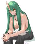  1girl arknights artist_name black_pants breasts feet_out_of_frame glint green_hair horns hoshiguma_(arknights) jewelry kgymofu large_breasts long_hair necklace oni_horns orange_eyes own_hands_together pants simple_background single_horn sitting skin-covered_horns solo topless very_long_hair white_background 