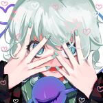  1girl :d commentary fingernails frilled_sleeves frills green_eyes green_hair green_nails hands_on_own_face hands_up heart heart_in_eye heart_of_string highres komeiji_koishi looking_at_viewer looking_through_fingers lower_teeth nail_polish no_hat no_headwear open_mouth portrait short_hair smile symbol_in_eye tamatetama teeth third_eye touhou 