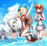  2boys 2girls alternate_costume arm_up armpits ball bangs bare_shoulders barefoot beach beachball blonde_hair blue_sky bow closed_eyes cloud drill_hair elise_(fire_emblem) fire_emblem fire_emblem_fates grey_hair hair_bow highres holding holding_ball holding_beachball index_finger_raised inflatable_toy leg_up lei leo_(fire_emblem) leon0630claude lilith_(fire_emblem) multicolored_hair multiple_boys multiple_girls official_alternate_costume open_mouth pink_eyes pink_hair purple_hair sakura_(fire_emblem) sky swimsuit takumi_(fire_emblem) twin_drills twintails two-tone_hair visor_cap water 