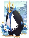  animal_focus beak bird blue_eyes blue_feathers empoleon feathers head_tilt looking_at_another looking_up mountain nark no_humans penguin piplup pokemon pokemon_(creature) snow standing tiptoes tree v-shaped_eyebrows 
