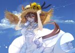  1girl agnes_tachyon_(umamusume) aiha-deko alternate_costume animal_ears artist_name bangs bare_arms breasts brown_hair cleavage cloud contrail dress ears_through_headwear flower hair_between_eyes hand_on_headwear hat hat_flower horse_ears horse_girl horse_tail jewelry looking_at_viewer medium_hair mouth_hold necklace papico_(ice_cream) red_eyes sleeveless sleeveless_dress small_breasts solo straw_hat sunflower tail umamusume upper_body white_dress 