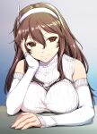  1girl alternate_costume arm_rest ashigara_(kancolle) ashigara_kai_ni_(kancolle) breasts brown_eyes brown_hair detached_sleeves hairband hand_on_own_cheek hand_on_own_face highres kantai_collection kawamura_tsukasa large_breasts long_hair long_sleeves smile solo sweater upper_body wavy_hair white_hairband white_sleeves white_sweater 