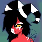  axeenbytwig demon fan_character hazbin_hotel helluva_boss hi_res horn imp male nonbinary_(lore) one_eye_obstructed pupils simple_background slit_pupils solo tagme yellow_sclera 