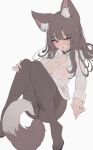  1girl absurdres animal_ears blush breasts brown_eyes brown_hair cat_ears choker cleavage collar collared_shirt feet highres jewelry medium_hair open_clothes open_shirt original ring shirt solo solo_focus tail thighhighs white_background zerocat 