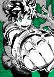  1boy absurdres belt bodysuit boku_no_hero_academia clenched_hand cowboy_shot eyebrows_hidden_by_hair facing_viewer freckles gloves green_background green_eyes greyscale highres mask mask_removed midoriya_izuku monochrome open_hand open_mouth pouch shawl short_hair simple_background solo yotsumi_shiro 