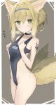  1girl absurdres animal_ear_fluff animal_ears arknights bangs bare_arms bare_shoulders black_swimsuit blonde_hair blush braid breasts closed_mouth collarbone flying_sweatdrops fox_ears fox_girl fox_tail green_eyes groin hair_between_eyes hair_rings hands_up heart heart-shaped_pupils heavy_breathing highleg highleg_swimsuit highres kitsune oripathy_lesion_(arknights) school_swimsuit sidelocks small_breasts solo suzuran_(arknights) sweat swimsuit symbol-shaped_pupils tail twin_braids zero_pancake 