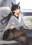  1girl animal_ears atago_(azur_lane) azur_lane bangs black_hair black_pantyhose black_skirt book breasts crossed_legs dog_ears highres indoors large_breasts long_hair long_sleeves looking_at_viewer miniskirt open_book orange_eyes pantyhose parted_lips pleated_skirt school_uniform serafuku shirt sitting skirt smile solo thighband_pantyhose thighs white_shirt yayako_(804907150) 