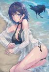  1girl absurdres ass bangs bare_shoulders beach bird black_choker black_swimsuit blue_eyes blue_hair blush breasts casual_one-piece_swimsuit choker cleavage collarbone crow earrings eno_(joqeve) feet_out_of_frame highres jewelry large_breasts long_sleeves looking_at_viewer lying mole mole_under_eye off_shoulder on_ground on_side one-piece_swimsuit open_clothes open_shirt original parted_lips see-through shirt short_hair smile solo stud_earrings swimsuit swimsuit_under_clothes thighs unbuttoned unbuttoned_shirt water wet wet_clothes wet_shirt white_shirt 