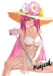  1girl :d azur_lane bangs bare_arms bare_legs bare_shoulders barefoot bikini blush breasts cellphone cleavage collarbone flower green_eyes hat hat_flower highres holding large_breasts looking_at_viewer maoyao-ll navel official_alternate_costume open_mouth phone pink_flower pink_hair selfie_stick short_hair signature sitting smartphone smile solo straw_hat surcouf_(azur_lane) surcouf_(loisirs_balneaires)_(azur_lane) swimsuit white_bikini white_flower yellow_flower yellow_headwear 