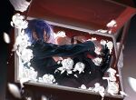  1boy bishounen black_hair blue_eyes box ciel_phantomhive flower from_side highres in_box in_container kuroshitsuji lying male_child male_focus profile rose self_hug solo victorian white_flower white_rose yunzhanyun 