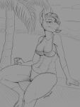  absurd_res anthro beach bikini breasts canid canine canis clothing container cup dobermann domestic_dog ear_piercing ear_ring female fur greyscale hair hi_res mammal monochrome navel palm_tree paoguu piercing pinscher plant ring_piercing seaside smile solo swimwear tree 