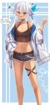  1girl bangs border breasts cleavage collar dancing_archer_tinia dark_skin denim denim_shorts guardian_tales hair_ornament highres jacket long_hair looking_at_viewer medium_breasts navel official_alternate_costume open_mouth pikandong red_eyes see-through shorts speech_bubble standing white_hair 