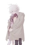  1boy 1girl ahoge bandaged_leg bandages bangs black_pants blush closed_mouth daisy_(dchw21) danganronpa_(series) danganronpa_2:_goodbye_despair feet_out_of_frame green_jacket grey_background grey_hair hair_between_eyes hand_up hetero highres hood hood_down hooded_jacket jacket komaeda_nagito long_hair long_sleeves medium_hair pants pink_shirt shared_clothes shared_jacket shirt simple_background smile tsumiki_mikan 