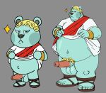  2022 animal_crossing anothermeekone anthro balls belly big_belly black_nose blue_body blue_eyes erection genitals hi_res klaus_(animal_crossing) male mammal navel nintendo overweight overweight_male penis simple_background solo ursid video_games 