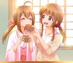  2girls :d ahoge brown_hair closed_eyes eating feeding food gomashio_star hair_ornament hair_scrunchie happy ice_cream ice_cream_sandwich indoors long_hair looking_at_another multiple_girls original pink_scrunchie ponytail scrunchie smile twitter_username upper_body wide_sleeves window 