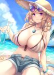  1girl absurdres animal_ear_fluff animal_ears arknights bangs bare_shoulders bikini black-framed_eyewear blonde_hair blue_bra blue_nails blue_shorts blue_sky blush bra bracelet braid breasts brown_bikini brown_hair brown_headwear cleavage closed_mouth cloud cloudy_sky collarbone commentary cowboy_shot crazy_straw cup day drink drinking_glass drinking_straw eyewear_on_head fang front-tie_bikini front-tie_top hair_ornament hairclip hat heart_straw highres holding holding_cup holding_drink huge_breasts jewelry light_brown_hair light_rays long_hair looking_at_viewer medium_hair nail_polish nameko_houshi navel necklace ocean official_alternate_costume on_ground open_clothes open_fly open_shorts outdoors purple-tinted_eyewear purple_eyes round_eyewear sand shorts sitting skin_fang sky smile solo sparkle starfish straw_hat striped striped_bikini sun_hat sunbeam sunglasses sunlight swimsuit tail tinted_eyewear twin_braids underwear utage_(arknights) utage_(summer_flowers)_(arknights) vertical-striped_bikini vertical_stripes water x_hair_ornament yellow_headwear 