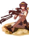  1girl :o absurdres bangs black_footwear black_gloves black_hair blush brown_eyes coat english_commentary fingerless_gloves full_body girls&#039;_frontline gloves gun hair_ribbon hairband hassan_(diaoyagld) highres holding holding_gun holding_weapon long_hair looking_at_viewer on_floor open_clothes open_coat open_mouth qbu-88 qbu-88_(girls&#039;_frontline) ribbon rifle shoes simple_background sniper_rifle solo sweat thigh_pouch thighhighs weapon white_thighhighs yellow_coat yellow_hairband yellow_ribbon 