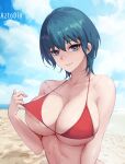  1girl areola_slip aztodio beach bikini breasts byleth_(fire_emblem) byleth_(fire_emblem)_(female) duplicate fire_emblem fire_emblem:_three_houses looking_at_viewer medium_hair pixel-perfect_duplicate red_swimsuit sky solo swimsuit upper_body 