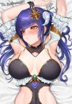  1girl :/ absurdres armpits arms_up bangs bed_sheet breasts buff_bard choker cleavage detached_sleeves frilled_sleeves frills hair_ornament highres large_breasts looking_away lying multicolored_eyes navel on_back original purple_hair red_eyes revealing_clothes skindentation upper_body yellow_eyes 