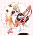  1girl absurdres animal_ears arknights bare_shoulders black_hair blonde_hair blue_hairband blush braid cape chocolate doughnut dress food fox_ears fox_girl fox_tail hairband highres holding_ice_cream ice_cream_cone kitsune kyuubi long_hair looking_at_viewer macaron multiple_tails pantyhose seijiikeuchi sitting solo suzuran_(arknights) tail tongue tongue_out wafer_stick waffle_cone white_cape white_dress white_pantyhose white_wrist_cuffs yellow_eyes 