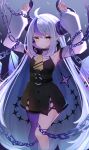  absurdres ahoge armpits arms_up bare_shoulders belt black_dress braid chain closed_mouth collar demon_horns detached_sleeves dress expressionless haidollo highres hololive horns la+_darknesss long_hair long_sleeves looking_at_viewer multicolored_hair pointy_ears purple_thighhighs restrained short_dress side_slit single_thighhigh sleeveless sleeveless_dress standing streaked_hair striped_horns tail thighhighs thighs very_long_hair virtual_youtuber white_hair yellow_eyes 
