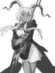  1girl absurdres animal_ears arknights beeswax_(arknights) breasts coat collar cowboy_shot dark-skinned_female dark_skin dress goat_ears goat_girl goat_horns greyscale highres holding holding_staff horns karisome149 long_hair long_sleeves low_twintails monochrome open_clothes open_coat parted_lips simple_background small_breasts solo staff twintails white_background 