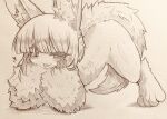  1other :p all_fours animal_ear_fluff animal_ears body_fur completely_nude fur furry highres looking_at_viewer made_in_abyss mitsuba-sama_(milkba-ng) monochrome nanachi_(made_in_abyss) nude short_hair solo tail tongue tongue_out traditional_media 