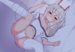  1girl ayanami_(azur_lane) ayanami_(niconico)_(azur_lane) azur_lane bandaid bandaid_on_arm bandaid_on_cheek bandaid_on_face bangs bare_shoulders bed_sheet blush breasts cleavage collarbone commentary_request detached_sleeves from_above grey_hair hair_between_eyes headgear highres legs_up long_hair looking_at_viewer looking_up lying m_legs navel official_alternate_costume on_back orange_eyes oyukome panties ponytail short_sleeves sidelocks solo spread_legs stomach thighhighs underwear white_panties 