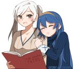  blue_hair book breasts chocojax cleavage collarbone fire_emblem fire_emblem_awakening highres long_hair lucina_(fire_emblem) multiple_girls open_mouth robin_(fire_emblem) robin_(fire_emblem)_(female) simple_background tiara twintails white_hair 