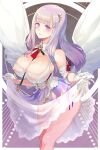  1girl azur_lane bangs between_breasts blunt_bangs blush breasts cleavage clothes_lift covered_nipples detached_collar glint gloves hair_ornament half_gloves highres large_breasts lifted_by_self light_smile looking_at_viewer nipples panties parted_lips plymouth_(azur_lane) purple_eyes purple_hair purple_panties see-through see-through_skirt side-tie_panties skirt skirt_lift solo standing supurai underwear white_gloves white_skirt 