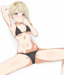  1girl arm_behind_head armpits bangs bikini black_bikini blonde_hair blush braid breasts closed_mouth flower hair_flower hair_ornament hair_ribbon kogara_toto looking_at_viewer medium_breasts mochemochem nose_blush red_eyes ribbon simple_background solo spread_legs stomach sunflower_hair_ornament sweat swept_bangs swimsuit virtual_youtuber vspo! white_background white_ribbon 