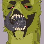  absurd_res ambiguous_gender black_eyebrows black_sclera bodily_fluids cheek_tuft chin_tuft creeper eyebrows facial_tuft front_view fur glistening glistening_tongue green_body green_fur grey_tongue hi_res imperatorcaesar mouth_shot open_mouth red_eyes saliva saliva_on_tongue saliva_string sharp_teeth simple_background solo spots spotted_body spotted_fur spotted_neck teeth tongue tongue_out tuft 