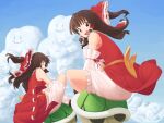  2girls 4joukioto :d bangs bloomers brown_eyes brown_hair cloud commentary_request cookie_(touhou) detached_sleeves dual_persona full_body green_shell_(mario) hakurei_reimu highres kanna_(cookie) long_hair looking_at_viewer mario_(series) multiple_girls open_mouth red_shirt ribbon-trimmed_sleeves ribbon_trim riding round_teeth shirt sidelocks sleeveless sleeveless_shirt smile smiley_face teeth touhou underwear white_bloomers white_sleeves 