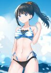  1girl absurdres animal_print bikini black_bikini black_hair blue_eyes blue_sky blurry breasts cloud contrapposto cowboy_shot depth_of_field gridman_universe highres long_hair medium_breasts mismatched_bikini mmsk orange_scrunchie ponytail scrunchie side-tie_bikini sky soaking_feet solo ssss.gridman swimsuit takarada_rikka tiger_print water 