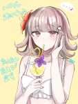  1girl bangs bare_arms bare_shoulders bikini blush breasts brown_eyes brown_hair cleavage collarbone commentary_request cup danganronpa_(series) danganronpa_2:_goodbye_despair flipped_hair flower galaga grey_bikini hair_flower hair_ornament highres holding holding_cup medium_hair nanami_chiaki official_alternate_costume orange_background purple_flower shiny shiny_hair simple_background solo swimsuit translation_request upper_body zui_nianshao 