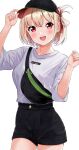  1girl :d bag bangs baseball_cap black_bag black_headwear black_shorts blonde_hair breasts clothes_writing collarbone commission green_bag green_headwear hair_between_eyes hair_ribbon hands_up hat highres looking_at_viewer lycoris_recoil nishikigi_chisato red_eyes red_ribbon ribbon shirt short_hair short_shorts short_sleeves shorts shoulder_bag skeb_commission smile solo teeth totoki86 two-tone_bag two-tone_headwear upper_teeth white_background white_shirt 