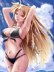  1girl armpits arms_behind_head bikini black_bikini blonde_hair breasts cleavage cloud commentary_request day fate_testarossa large_breasts long_hair looking_at_viewer lyrical_nanoha mahou_shoujo_lyrical_nanoha_strikers navel ocean open_mouth partially_submerged red_eyes sky smile solo sougetsu_izuki swimsuit very_long_hair water wet 