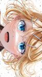  1girl absurdres bangs blonde_hair blue_eyes blush close-up hair_ornament hairclip highres kagamine_rin looking_at_viewer messy_hair short_hair simple_background smile solo swept_bangs tears upper_body vocaloid yura_458 