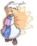 1girl blonde_hair brown_footwear closed_mouth dress fox_tail full_body hands_in_opposite_sleeves hat kitsune long_sleeves multiple_tails pillow_hat puyopuyo shinmon_akika short_hair simple_background solo standing tabard tail touhou white_background white_dress white_headwear yakumo_ran yellow_eyes 