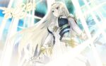  1girl aegis_sword_(xenoblade) bangs bare_shoulders blonde_hair breasts chest_jewel cleavage cleavage_cutout clothing_cutout dress earrings elbow_gloves gloves headpiece highres jewelry large_breasts long_hair mythra_(xenoblade) short_dress solo songchuan_li swept_bangs tiara very_long_hair white_dress white_gloves xenoblade_chronicles_(series) xenoblade_chronicles_2 yellow_eyes 