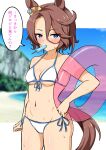  1girl absurdres animal_ears beach bikini blue_eyes blue_sky blurry blurry_background breasts brown_hair cleavage cliff cloud commentary_request cowboy_shot day food front-tie_top highres horse_ears horse_girl horse_tail innertube looking_at_viewer mouth_hold narita_taishin_(umamusume) outdoors popsicle ririsu082 short_hair side-tie_bikini sky small_breasts solo swimsuit tail translation_request umamusume white_bikini 