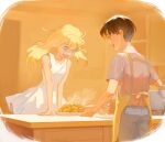  1boy 1girl ajiro_shinpei apron bangs bare_arms bare_shoulders black_hair blonde_hair blue_eyes breasts chinese_commentary commentary_request cup curry dress food highres indoors kitchen kofune_ushio mordin99 open_mouth pants plate shirt smile standing summertime_render table white_dress white_shirt yellow_apron younger 