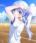  1girl :o alternate_hairstyle arms_up blue_eyes blue_sky blush bra_visible_through_clothes cloud commentary day gochuumon_wa_usagi_desu_ka? gym_shirt hair_tie highres kafuu_chino light_blue_hair looking_at_viewer mozukun43 open_mouth outdoors ponytail see-through shirt short_sleeves signature sky solo sweat tying_hair 