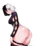  absurdres bent_over black_hair breasts fraankyy from_side green_eyes green_lips highres lipstick looking_at_viewer makeup nail_polish open original sideboob sweater thick_thighs thighs turtleneck white_hair wide_hips yorra_villeneuve 