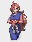  1girl alternate_hairstyle android_21 blue_eyes closed_mouth cosplay dragon_ball dragon_ball_(classic) dragon_ball_fighterz earrings grey_background hair_between_eyes jewelry kemachiku long_hair looking_at_viewer ponytail simple_background solo son_goku son_goku_(cosplay) 