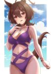  1girl agnes_tachyon_(umamusume) ahoge animal_ears blue_sky bracelet breasts brown_hair casual_one-piece_swimsuit cloud commentary_request cowboy_shot hair_between_eyes highres horse_ears horse_girl horse_tail jewelry looking_at_viewer medium_breasts messy_hair navel one-piece_swimsuit purple_swimsuit seiji_(artman) short_hair sky solo swimsuit tail umamusume 